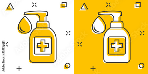 Hand sanitizer icon in comic style. Antiseptic bottle cartoon vector illustration on isolated background. Disinfect gel splash effect sign business concept.