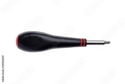 Short screwdriver with head shifter and black handle isolated on white background.