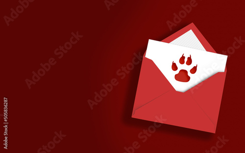 Dog Paw Icon in Envelope on Red Background