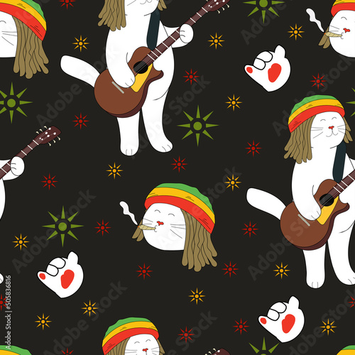 Seamless pattern of reggae cat. Cute cat on black background
