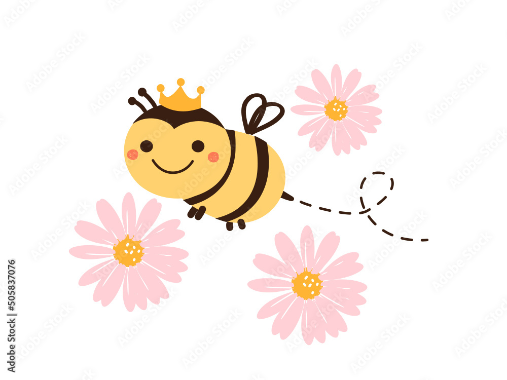 Obraz premium Bee cartoon and pink flower isolated on white background vector illustration. Cute nursery wall decoration.
