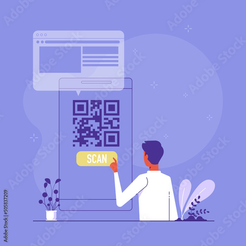 Man is using mobile cashless payment system or scan qr code, concept of using digital banking service and application for bonuses accumulation, flat cartoon vector illustration