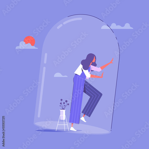 Gender inequality in employment concept, woman under bell glass, sexism, woman defends her rights, flat color vector illustration photo