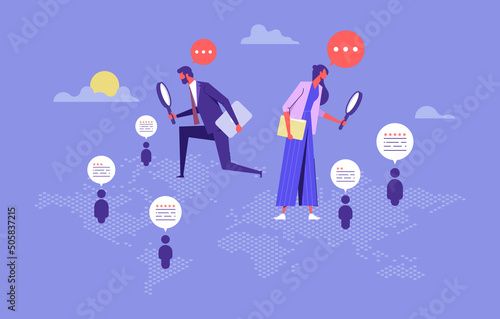 People search, talent selection, Business recruitment, hiring all around the world concept, Many people on world map and one selected, find the right people for business