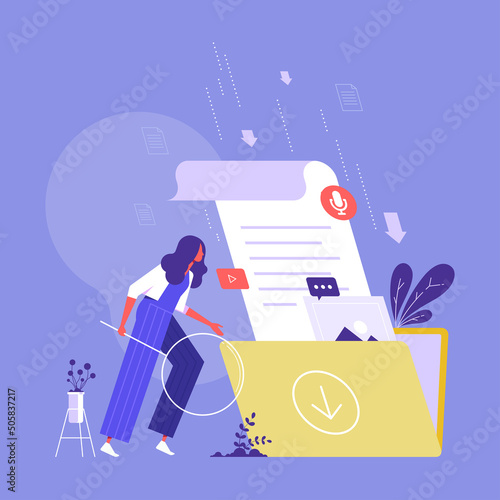 Woman finding folder with document, concept of file download, data storage, cloud computing service, digital information organization