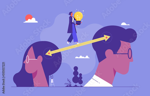 Woman carry big light bulb to other, metaphor of the exchange of ideas, teamwork, brainstorming, collaboration, exchanging idea vector concept