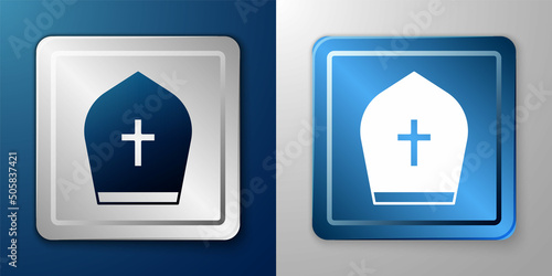 White Pope hat icon isolated on blue and grey background. Christian hat sign. Silver and blue square button. Vector