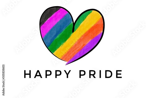 Rainbow heart drawing with texts 'HAPPY PRIDE ', concept for lgbtq+ celebrations in pride month, june, around the world.