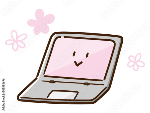 ニコニコ笑顔なかわいいノートパソコンの手書き風イラスト