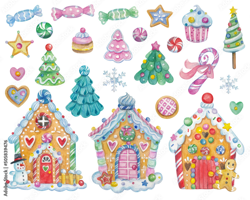 Watercolor illustration with Christmas elements and gingerbread houses