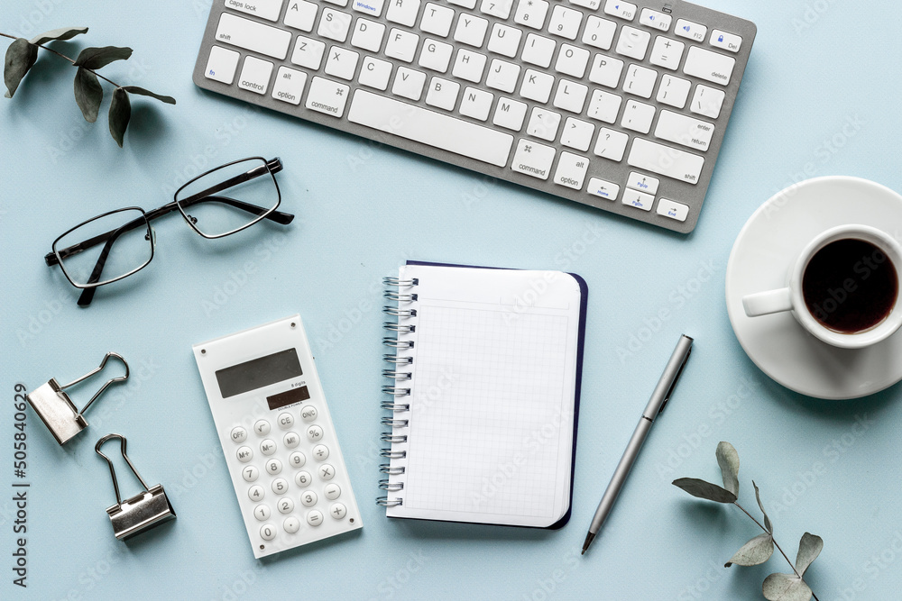 Layout of blogger or designer desktop with computer in monochrome style Layout of blogger or designer desktop with computer in monochrome style