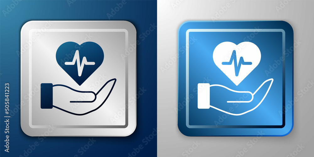 White Life insurance in hand icon isolated on blue and grey background. Security, safety, protection, protect concept. Silver and blue square button. Vector
