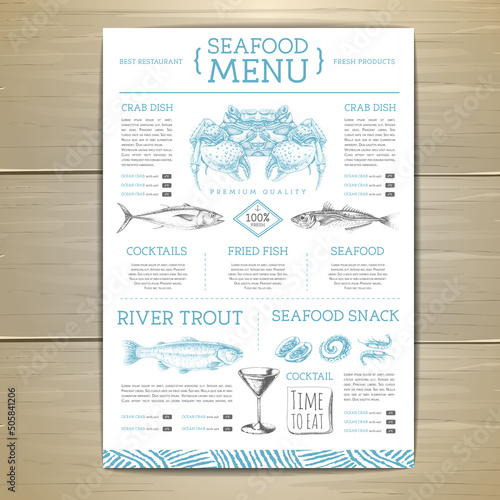 Obraz na płótnie Seafood restaurant menu design with hand drawing fish