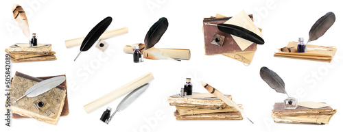 Set with quills, inks and old books on white background, banner design photo
