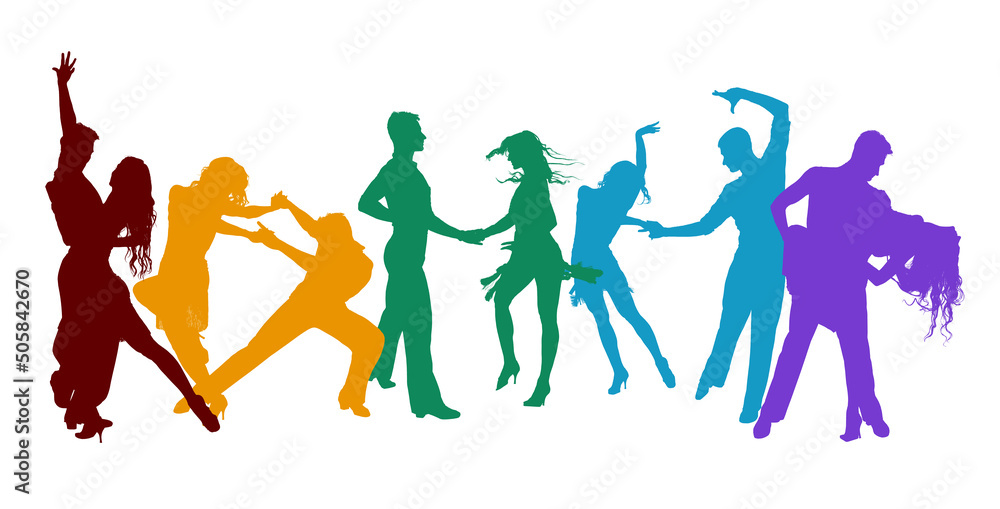 Colorful silhouettes of people dancing on white background, illustration. Banner design