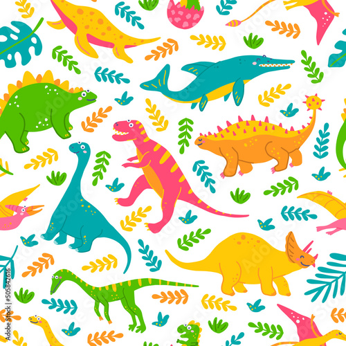 Cute dinosaurs and tropical plants  childrens colorful print on fabric  postcards. Vector seamless pattern on white background