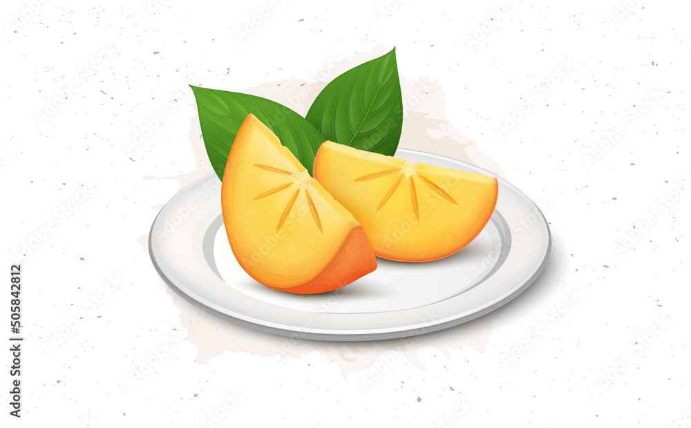 Slices of Persimmon fruit vector illustration with green leaf Slices of Persimmon fruit vector illustration with green leaf