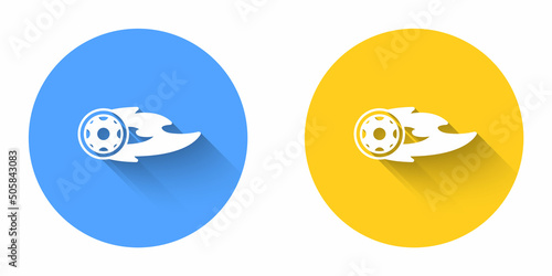 White Wheel in fire flame icon isolated with long shadow background. Burning wheel. Circle button. Vector