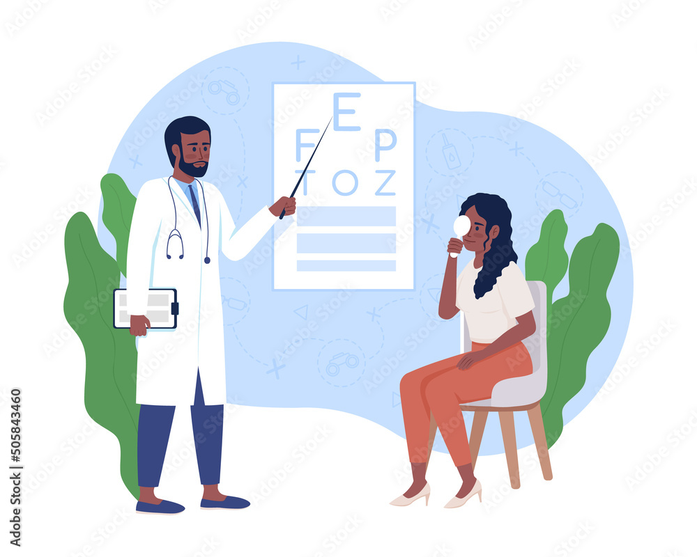 Eye examination 2D vector isolated illustration. Ophthalmologist and patient flat characters on cartoon background. Vision exam colourful scene for mobile, website, presentation. Comfortaa font used Eye examination 2D vector isolated illustration. Ophthalmologist and patient flat characters on cartoon background. Vision exam colourful scene for mobile, website, presentation. Comfortaa font used