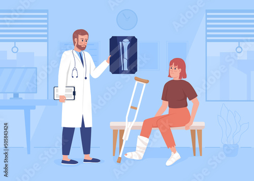 Upset woman with broken leg at traumatologist appointment flat color vector illustration. Doctor and patient at x-ray bones checkup 2D simple cartoon characters with office interior on background