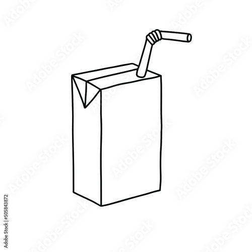 Juice packet with straw mockup. Linear, vector realistic. Outline stock illustration.