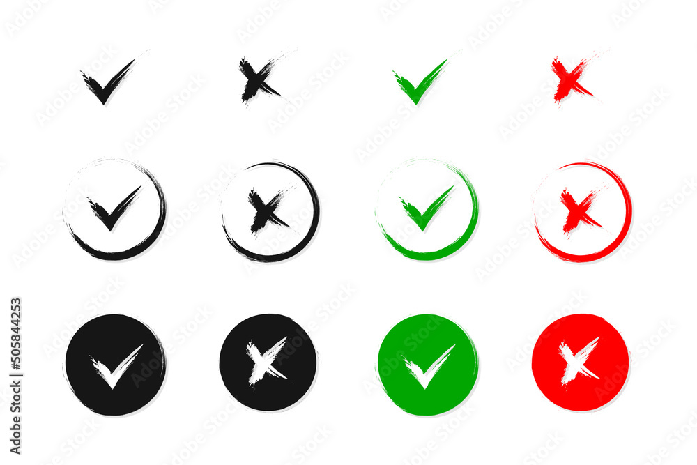 Checkmark and cross brush grunge green and red icon. Tick positive and cross negative paintbrush choice symbol. Checkmark and cross brush grunge green and red icon. Tick positive and cross negative paintbrush choice symbol.