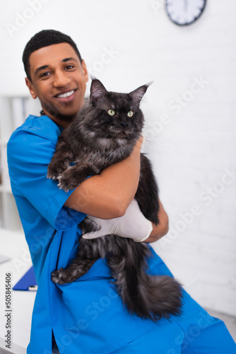 Cheerful african american veterinarian hugging maine coon and looking at camera in clinic