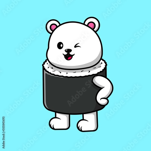 Fototapeta Naklejka Na Ścianę i Meble -  Cute Polar Bear Sushi Salmon Cartoon Vector Icon Illustration. Animal Food Icon Concept Isolated Premium Vector.