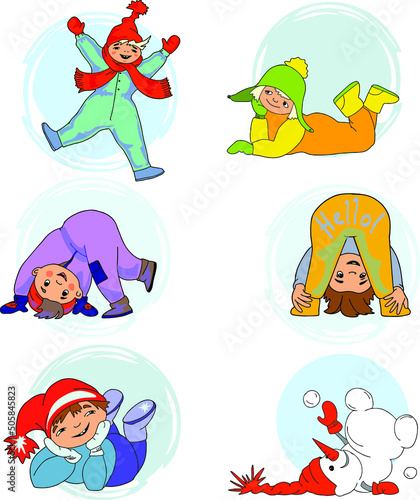 Cartoon characters depict children's winter games in the snow.