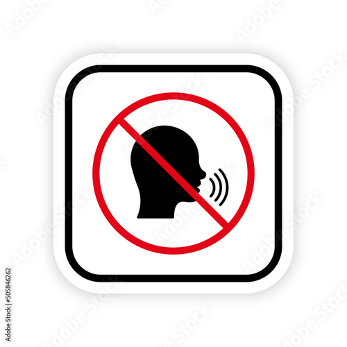 Please Keep Silence. Forbidden Speak Zone Red Round Sign. Man Talk Black Silhouette Icon. Ban Warning No Loud Noise. Isolated Vector Illustration