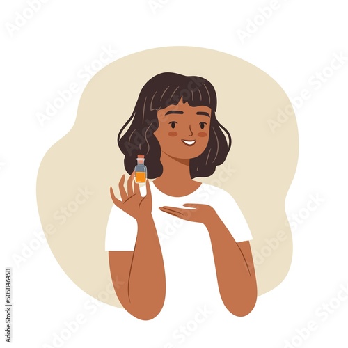 Happy young African woman holding a skincare product. Girl demostrating a cosmetic product. Flat vector illustration. photo