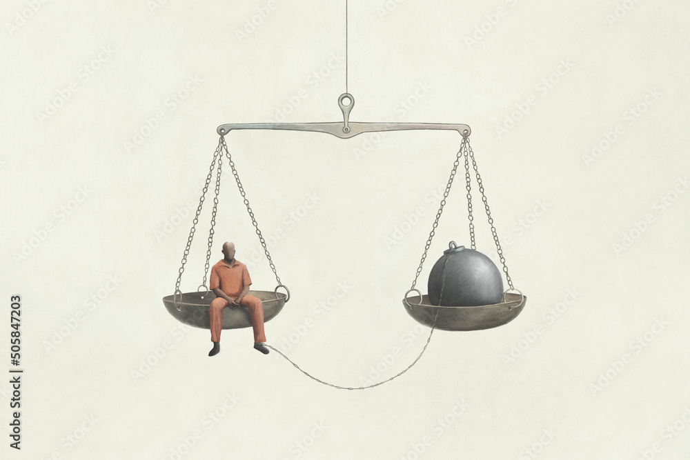 Illustration of a man and his punishment for the crime he committed, surreal justice concept - obrazy, fototapety, plakaty 