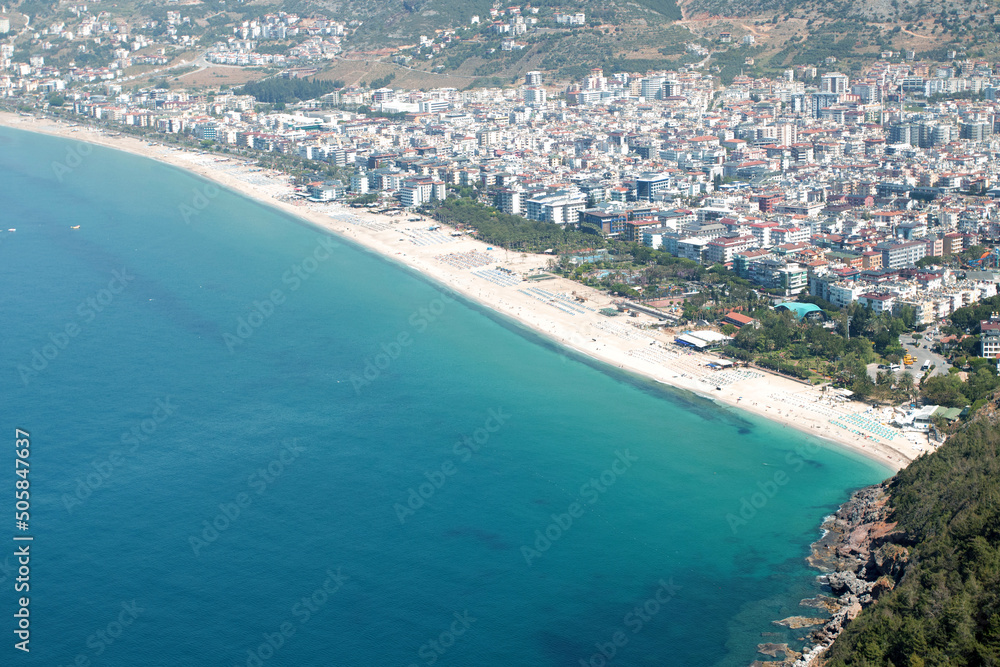 Aerial View from drone on beach in Alanya city
