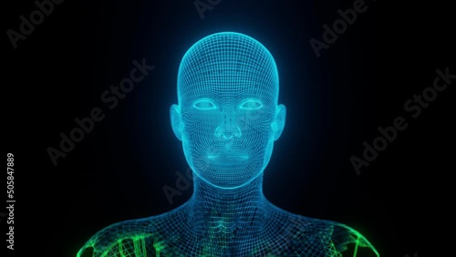 Artificial Intelligence Metaverse Facial Recognition Hologram Future Tech 3D Animation of a Human Face