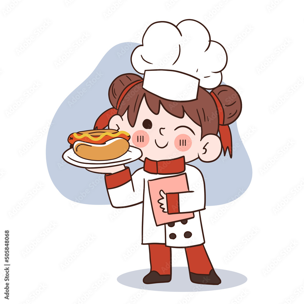 Cute young chef girl smiling and holding a hotdog.cartoon vector art illustration Cute young chef girl smiling and holding a hotdog.cartoon vector art illustration