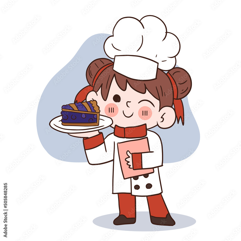 Cute young chef girl smiling and holding a piece of blueberry pie.cartoon vector art illustration Cute young chef girl smiling and holding a piece of blueberry pie.cartoon vector art illustration