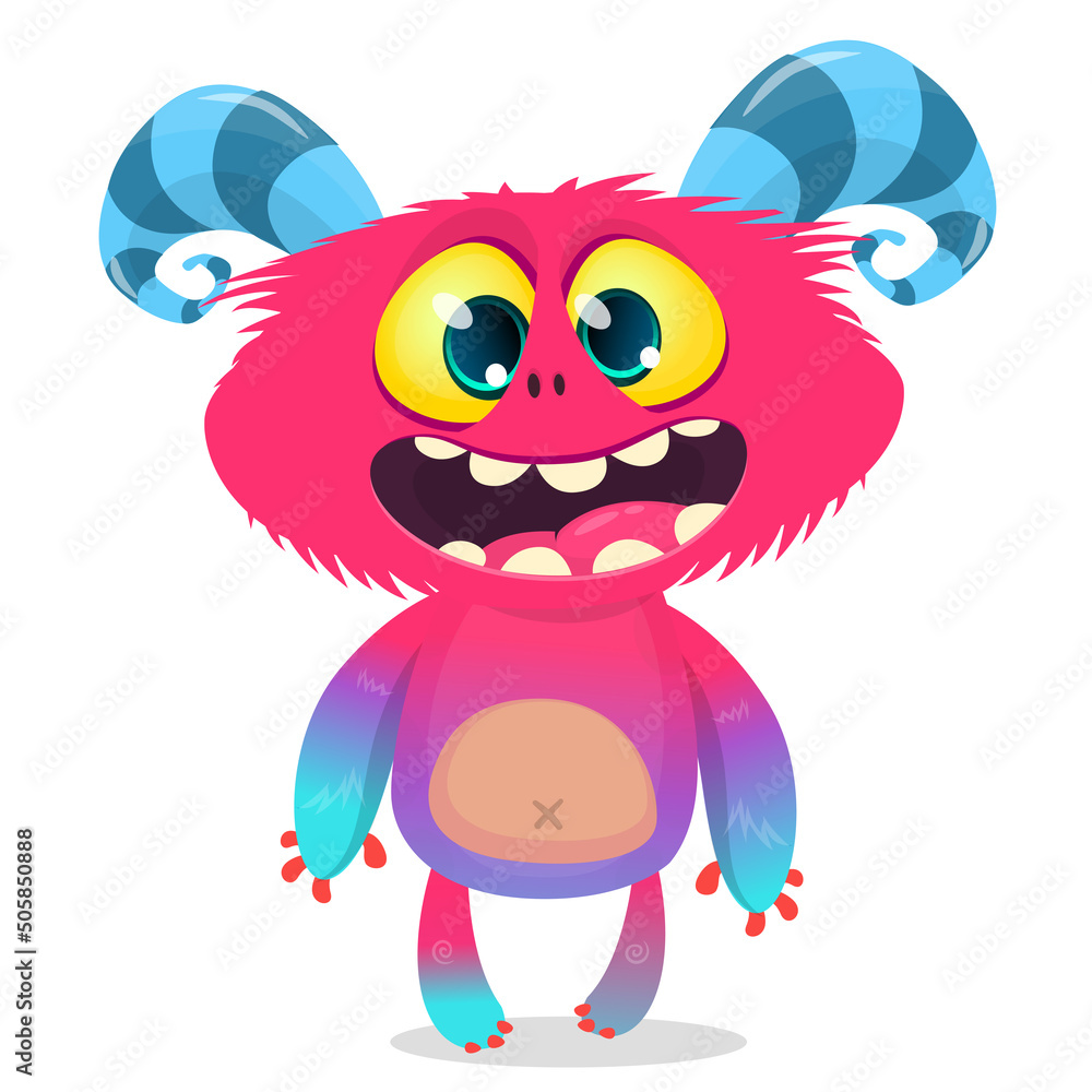 Funny cartoon smiling monster creature. Halloween Illustration of happy alien character. Vector isolated