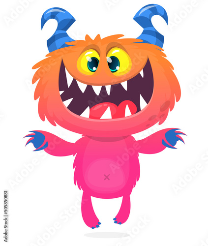 Funny cartoon smiling monster creature. Halloween Illustration of happy alien character. Vector isolated