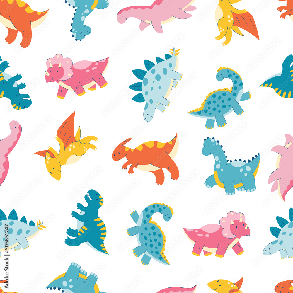 Dinosaur seamless pattern. Cute cartoon dinosaurs, triceratops, reptile, dragon, monster flat pattern. Seamless texture with baby kid animal. Vector illustration on white background.
