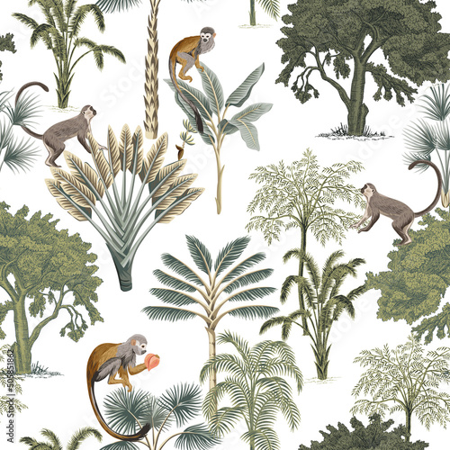 Tropical monkey, palm trees, ink drawn trees,  banana tree summer floral seamless pattern. Exotic landscape wallpaper.