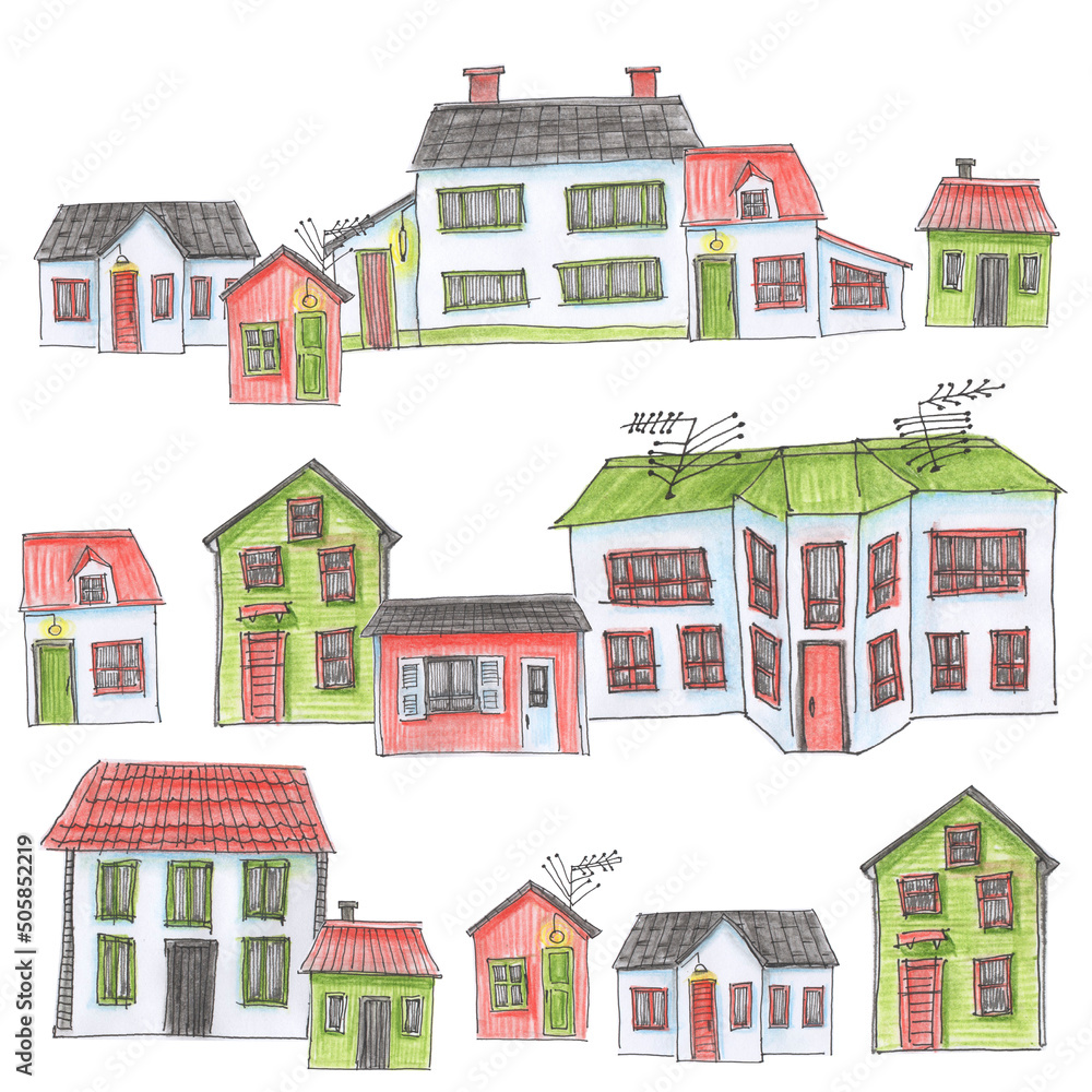 Watercolor seamless pattern with houses. Countryside background.