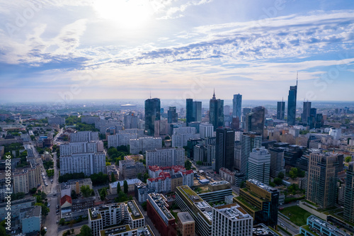 Warsaw overcast. The capital of Poland from a drone. Panorama of Warsaw from the side of Wola.