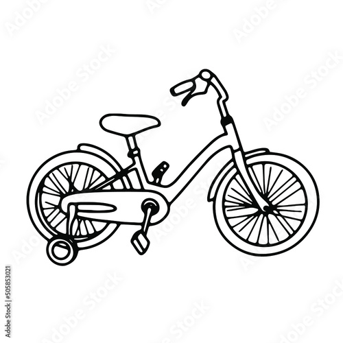 Kid bike with additional wheels. Child bicycle doodle contour vector illustration