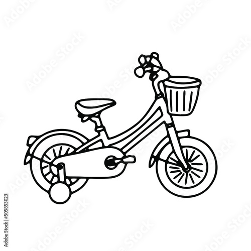 Kid bike with additional wheels. Child bicycle doodle contour vector illustration