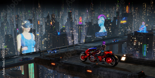 Cyberpunk Biker Girl. Futuristic Cyberpunk Night City Scene. 3D illustration