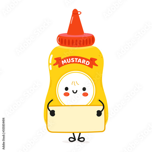 Cute funny mustard with poster character. Vector hand drawn cartoon kawaii character illustration icon. Isolated on white background. Mustard in bottle with poster character concept