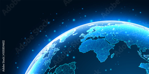 Futuristic global communication concept with glowing low poly planet earth globe map on dark blue