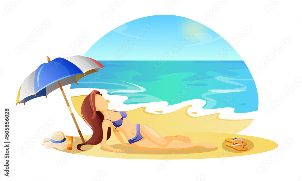 Seaside concept. The girl is resting on the beach under an umbrella.
