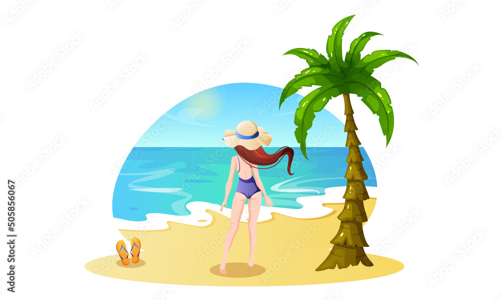 Seaside concept. A girl in a bathing suit and a hat stands on the shore. Seaside concept. A girl in a bathing suit and a hat stands on the shore.