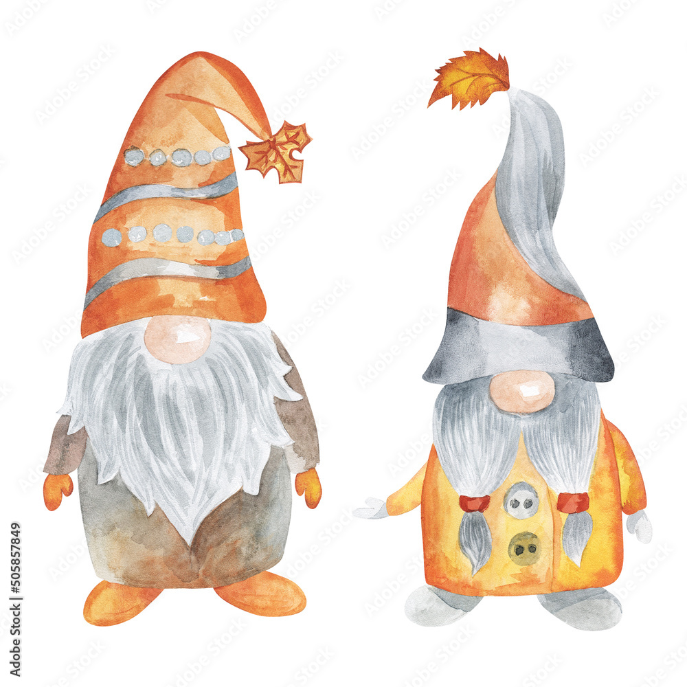 Halloween Gnome and Pumpkin in watercolor style. Watercolor illustration.